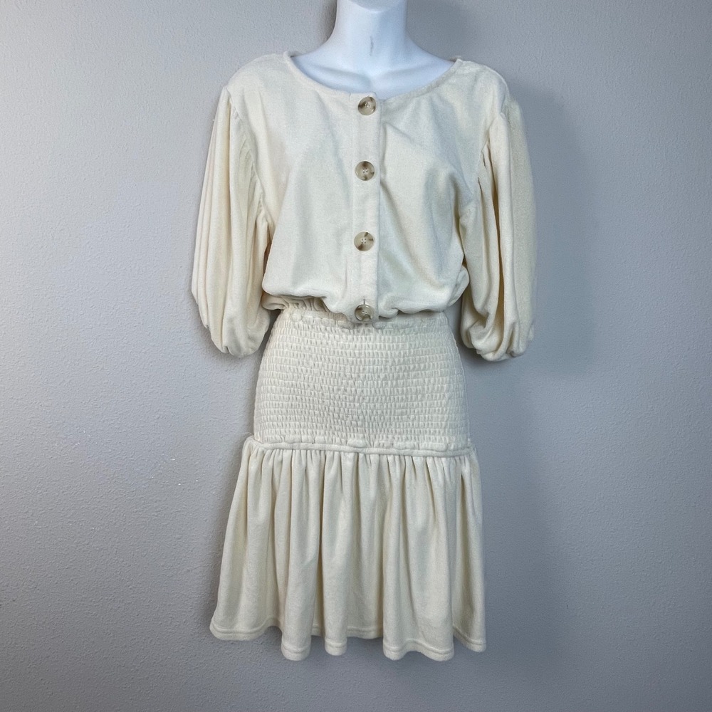 Sabo Tawni Dress Cream Textured Button Front Smocked Waist‎ Puff Sleeve Mini S